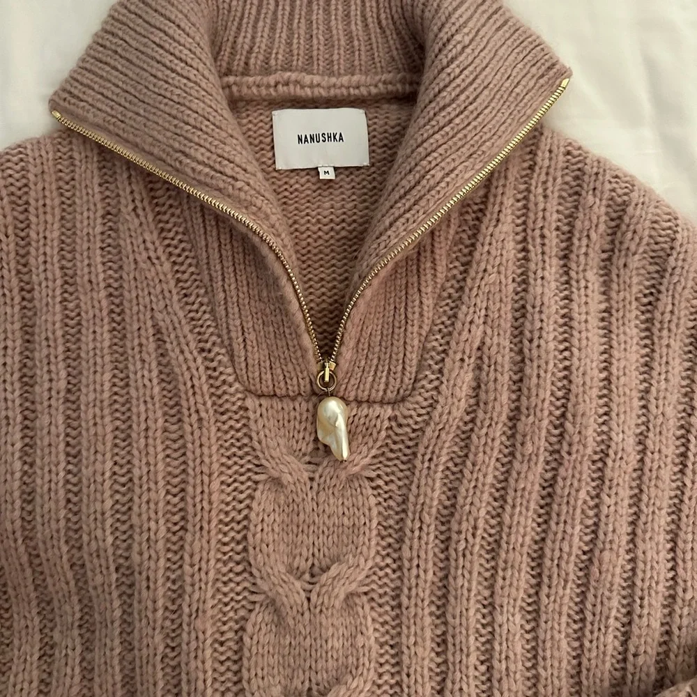 NANUSHKA ERIA CROPPED FAUX PEARL-EMBELLISHED CABLE-KNIT SWEATER IN BLUSH - Picture 2 of 6